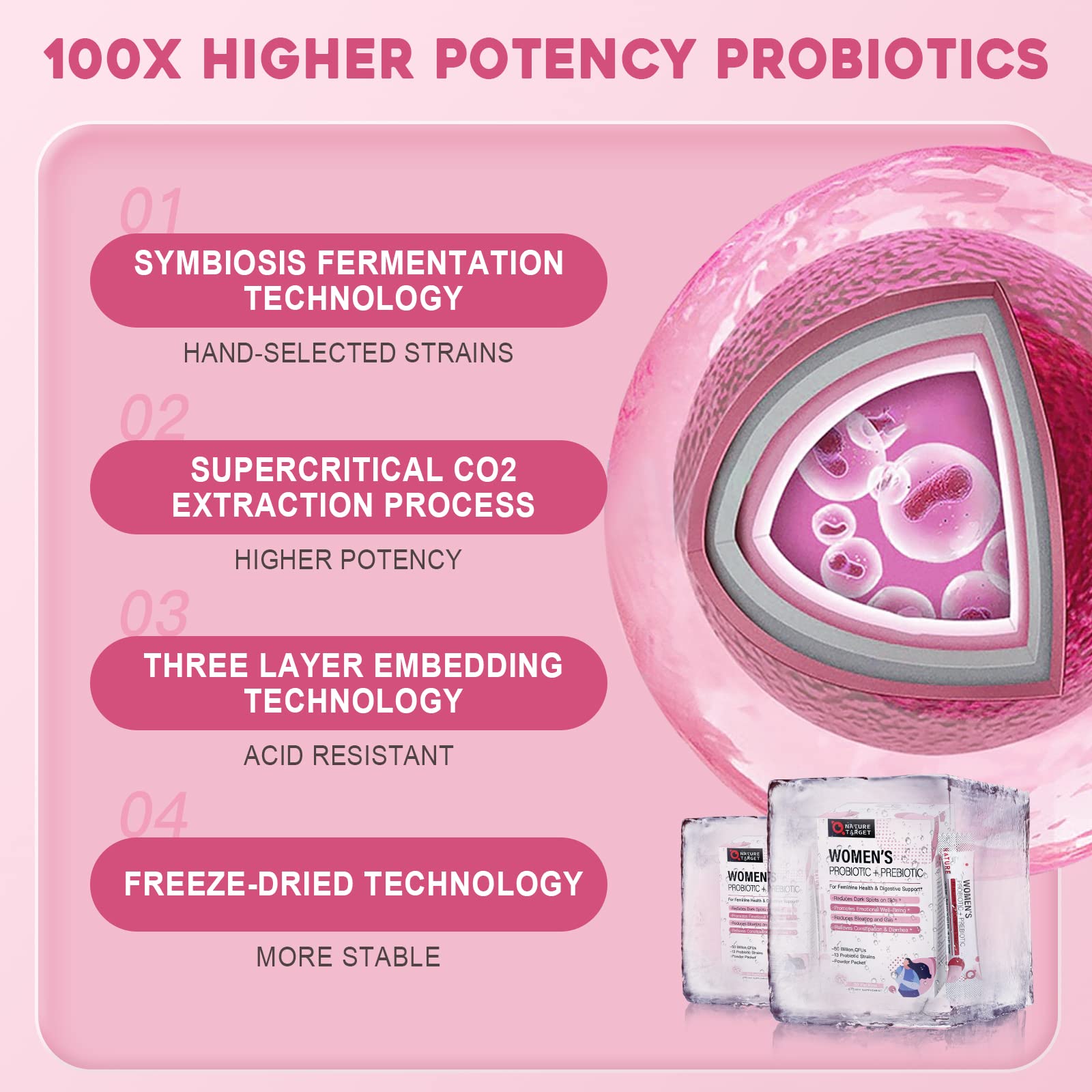 NATURE TARGET Probiotics Women dissolving in warm water for an easy drink.