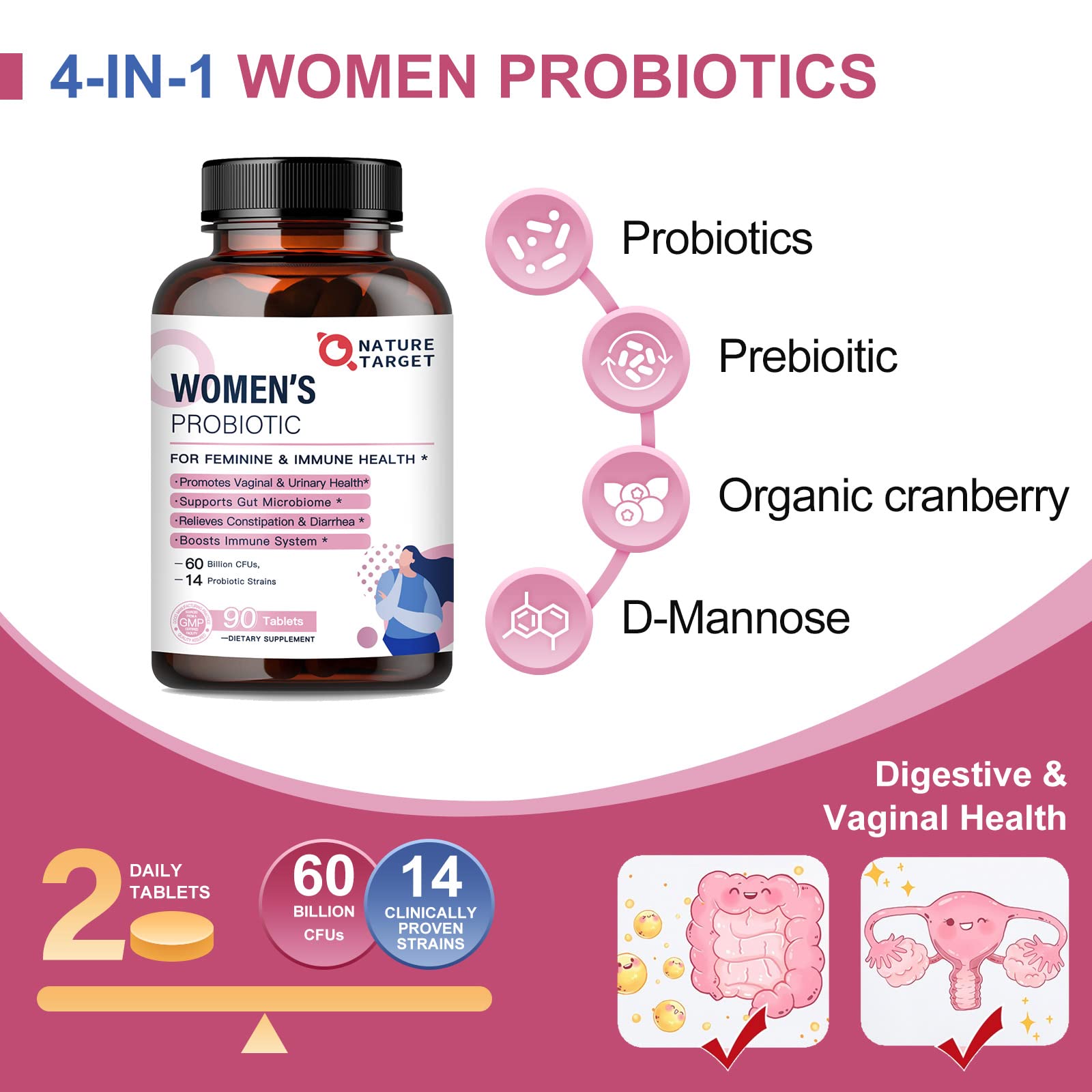 Close-up of Nature Target Probiotics for Women ingredient list with 14 strains.