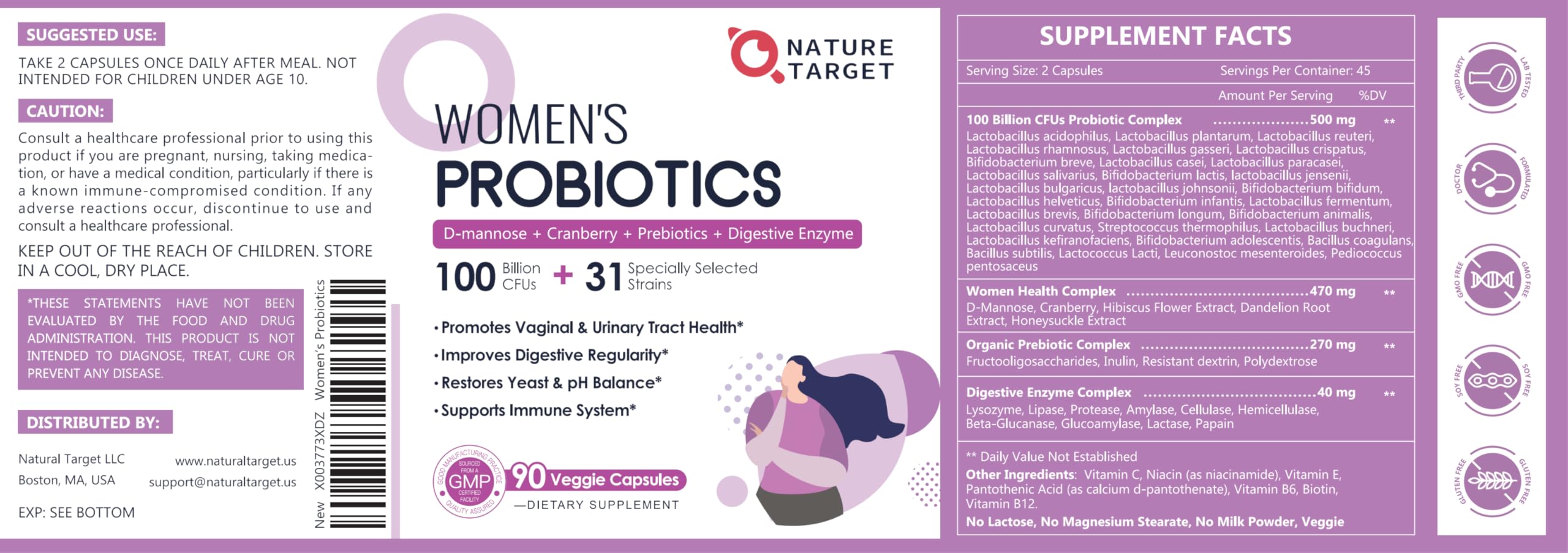 NATURE TARGET Probiotics ingredient panel highlights strains and vitamins.