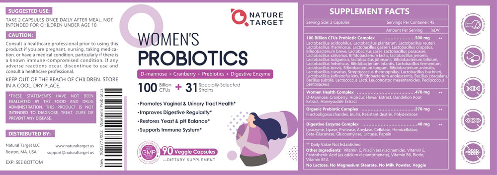 NATURE TARGET Probiotics ingredient panel highlights strains and vitamins.