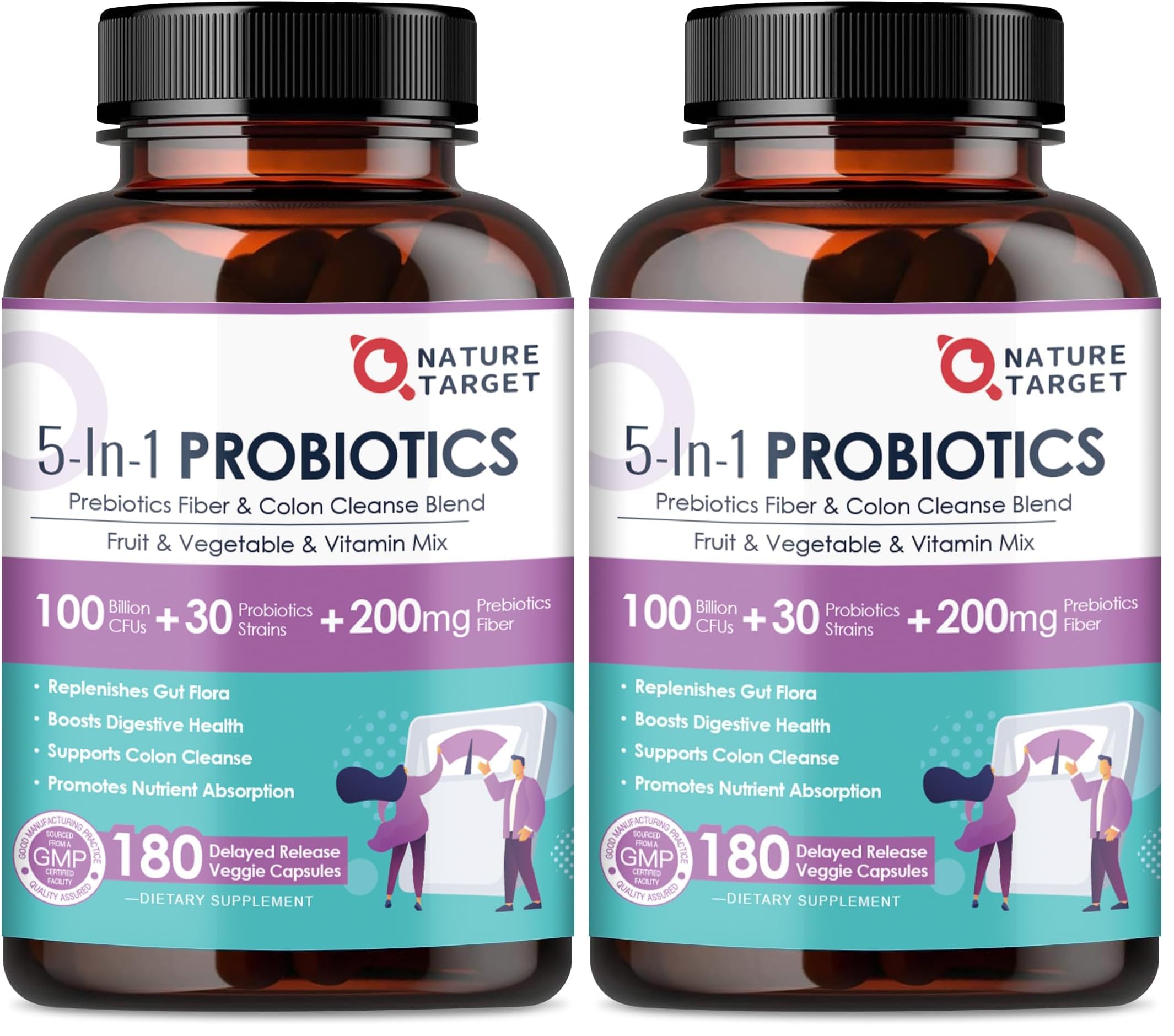 Nature Target Probiotics bottle front shows 100B CFU for daily gut support