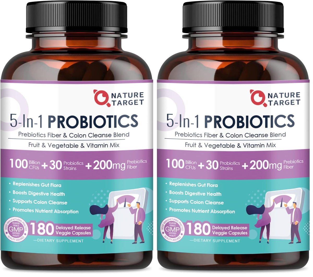 Nature Target Probiotics bottle front shows 100B CFU for daily gut support