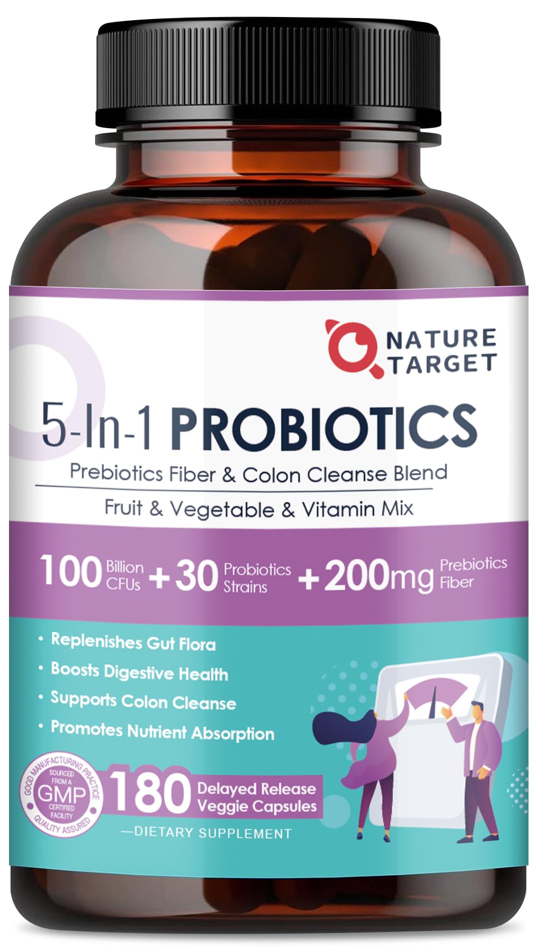 Nature Target Probiotics bottle showing capsules for gut support and daily wellness
