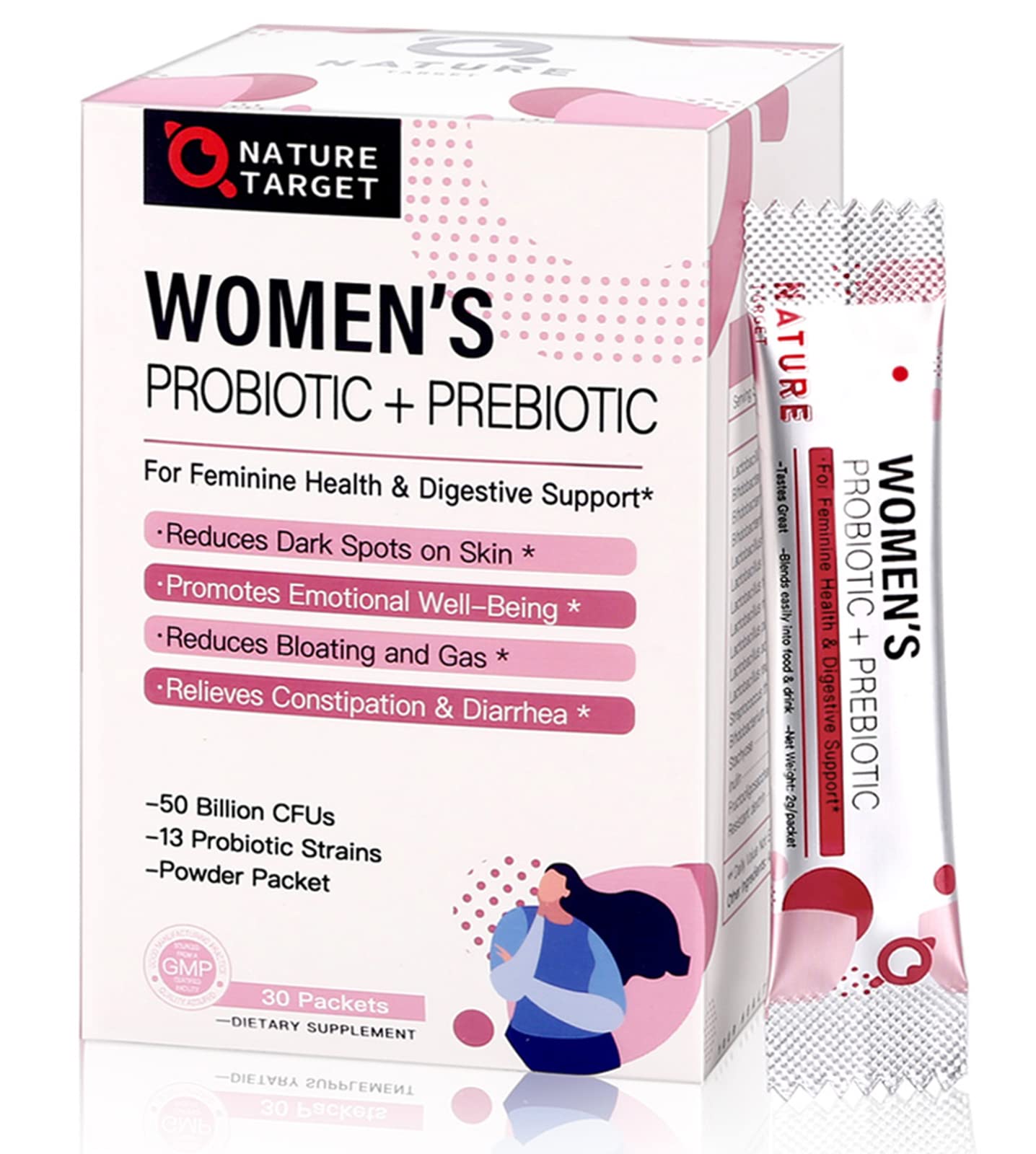 NATURE TARGET Probiotics for Women powder bottle showing 50B CFU for daily digestive balance.