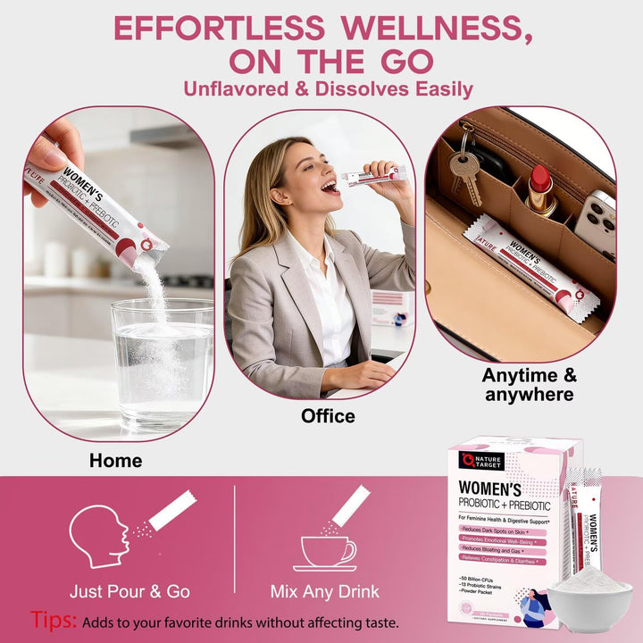 NATURE TARGET Probiotics Women stick packs for on-the-go convenience.
