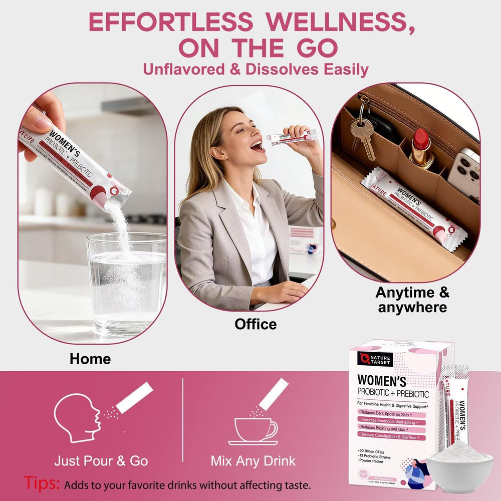 NATURE TARGET Probiotics Women stick packs for on-the-go convenience.