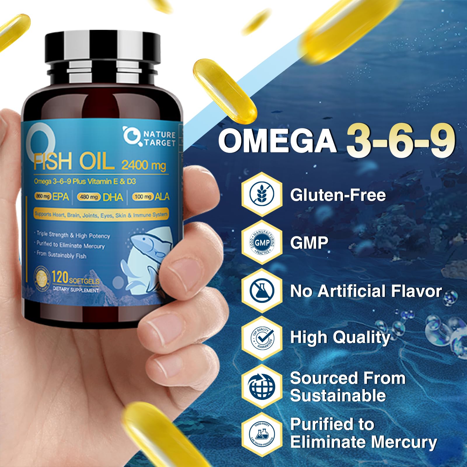 Nature Target Triple Omega 3-6-9 carton packaging.