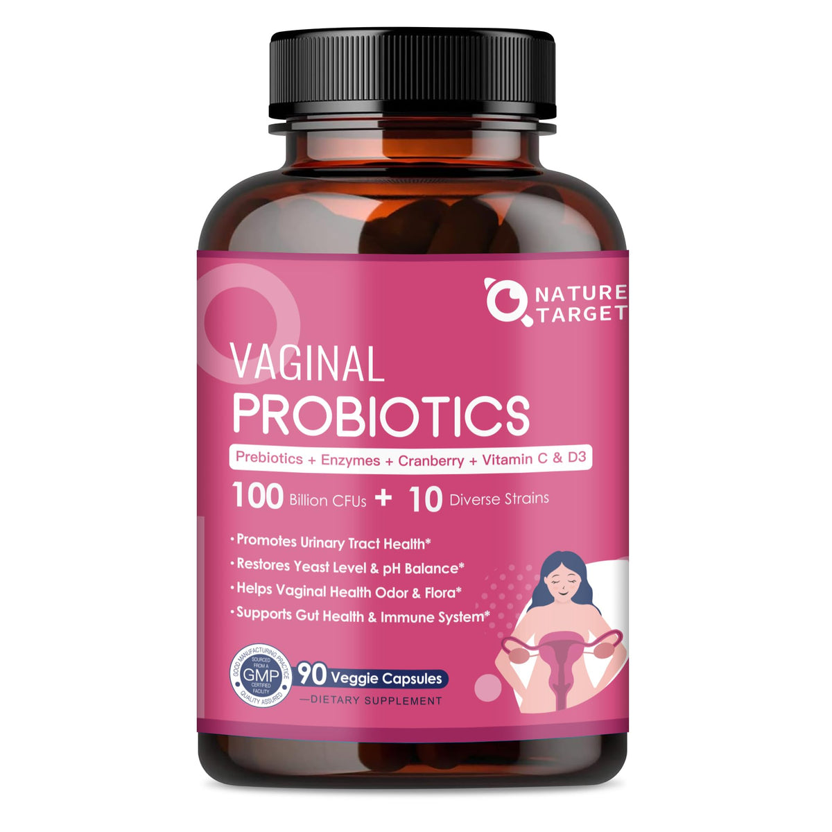 Nature Target Vaginal Probiotics bottle on a clean surface for daily balance