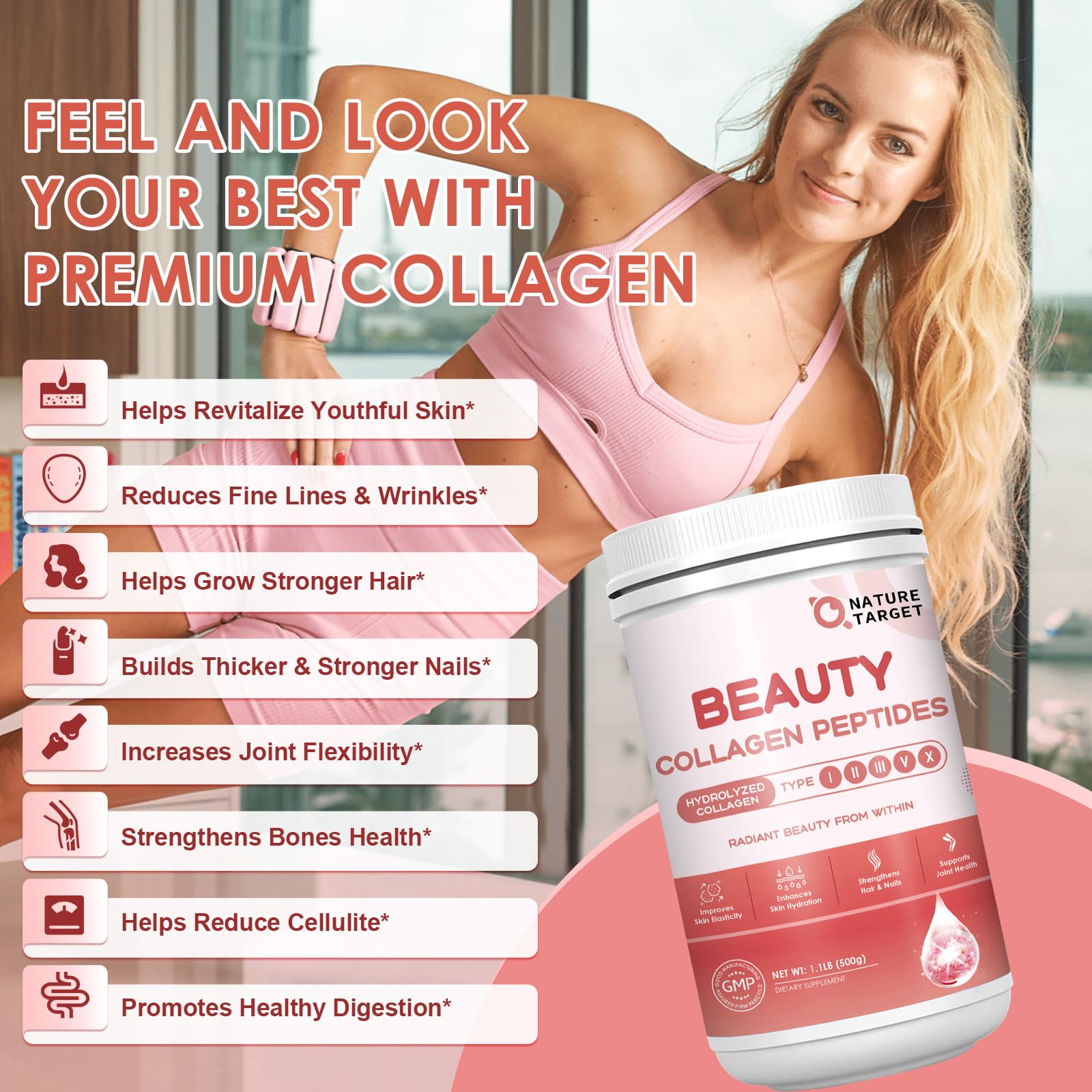 Nature Target vitamin C and biotin blend supports hair and nails for daily vitality.