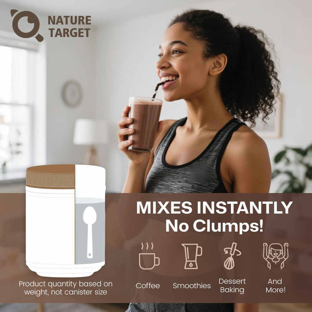 Nature Target wellness journey image suggests versatile use in coffee or smoothies.