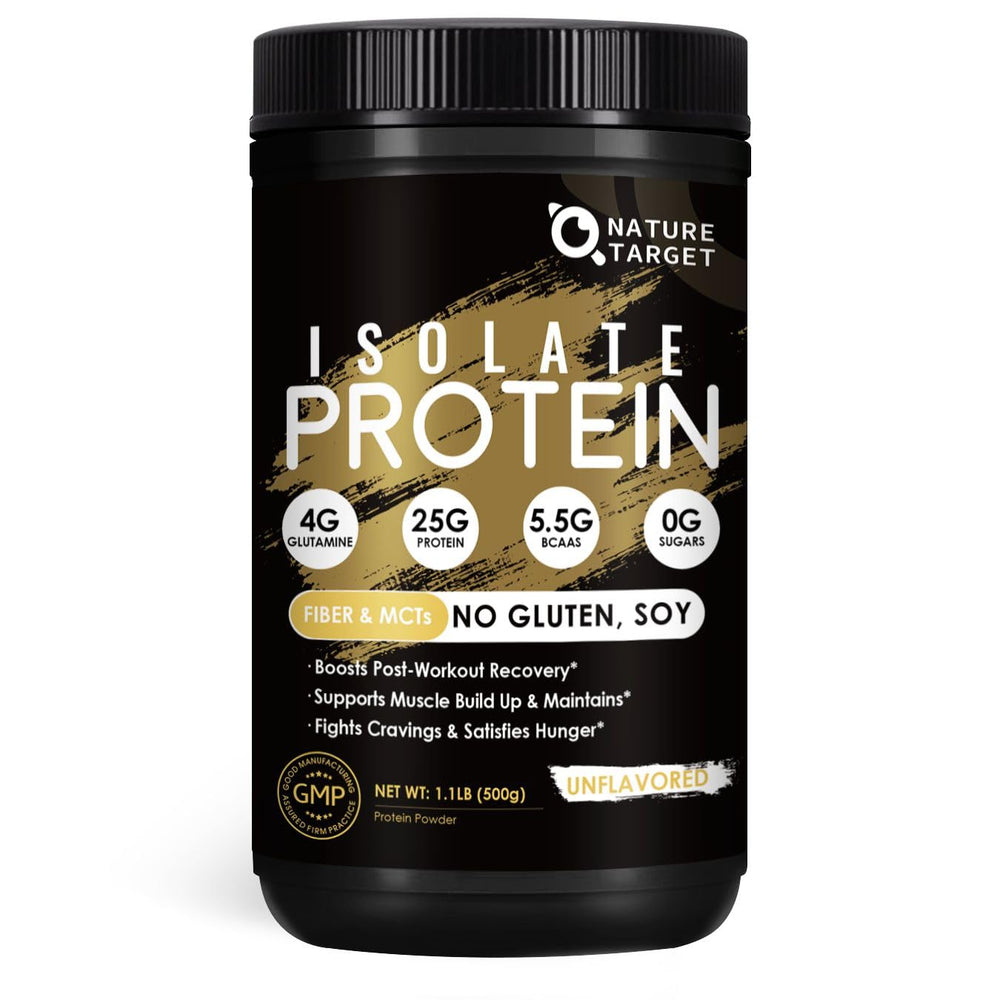 Nature Target Whey unflavored tub front showing high protein per serving for workout support.
