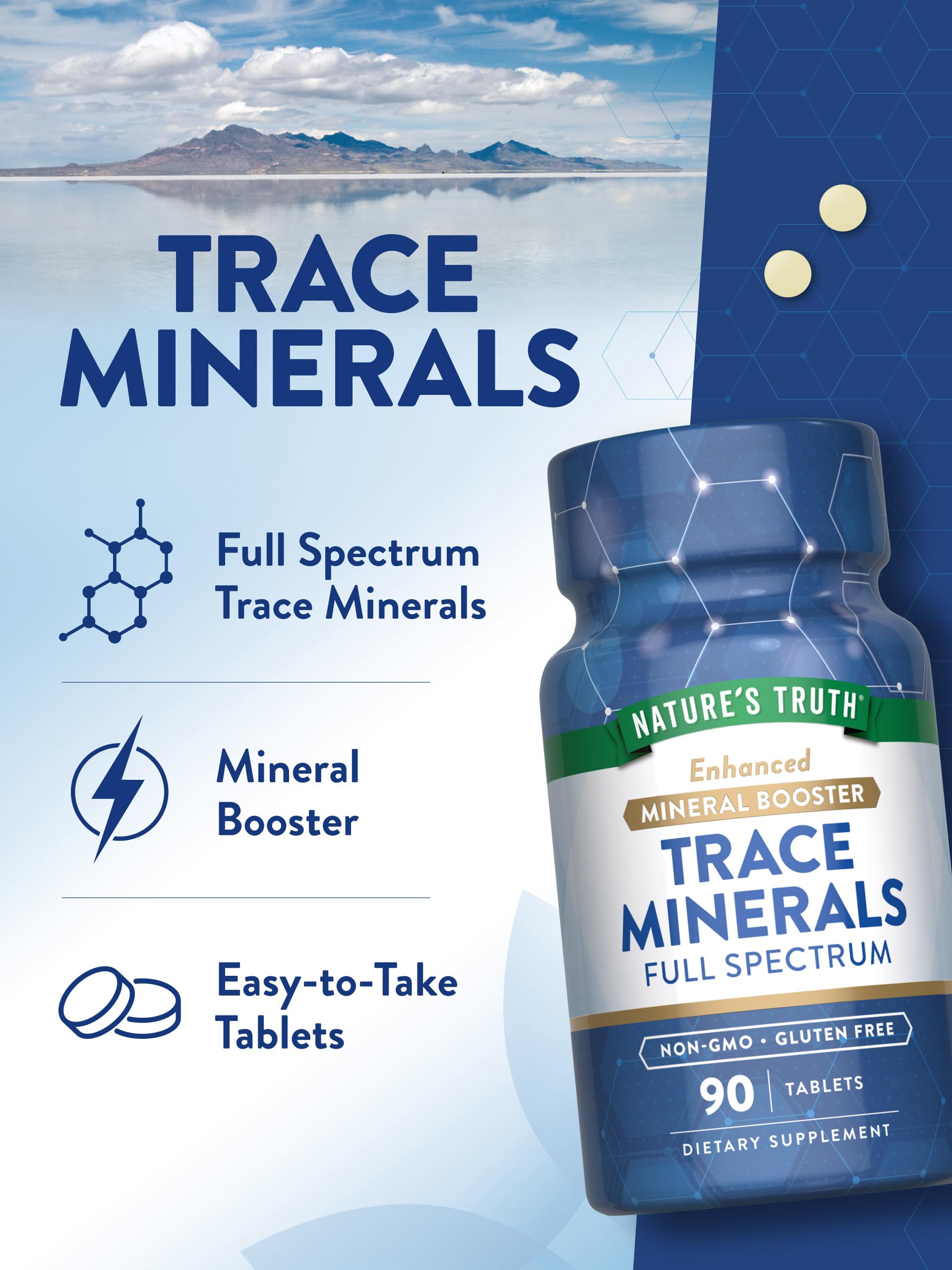 Nature's Truth Trace Minerals glass-with-tablet evokes easy hydration with a supplement.