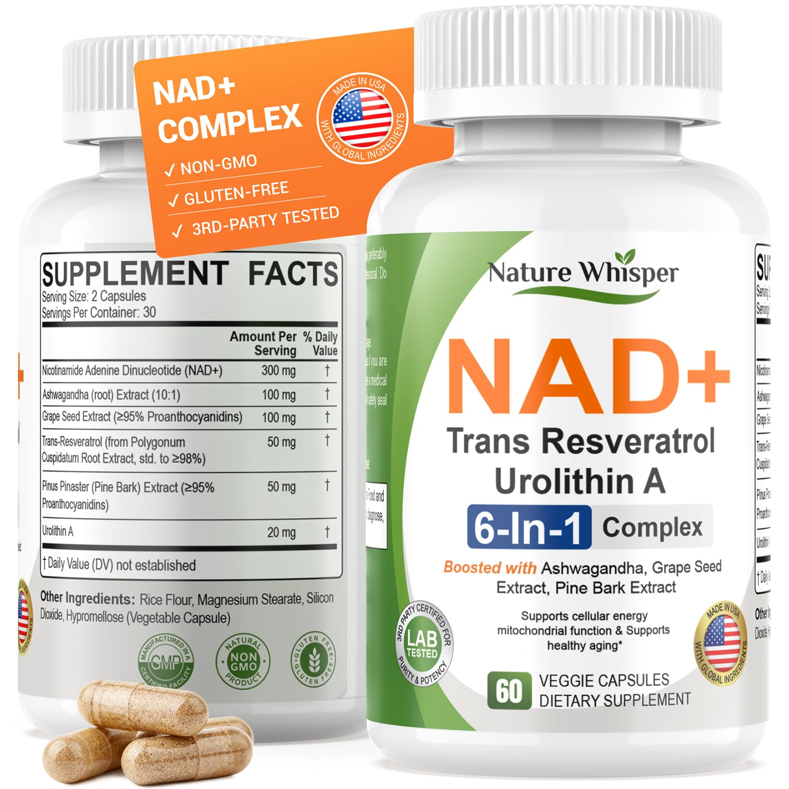 Nature Whisper NAD+ bottle front view highlighting the 6-in-1 formula for daily vitality