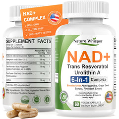 Nature Whisper NAD+ bottle front view highlighting the 6-in-1 formula for daily vitality