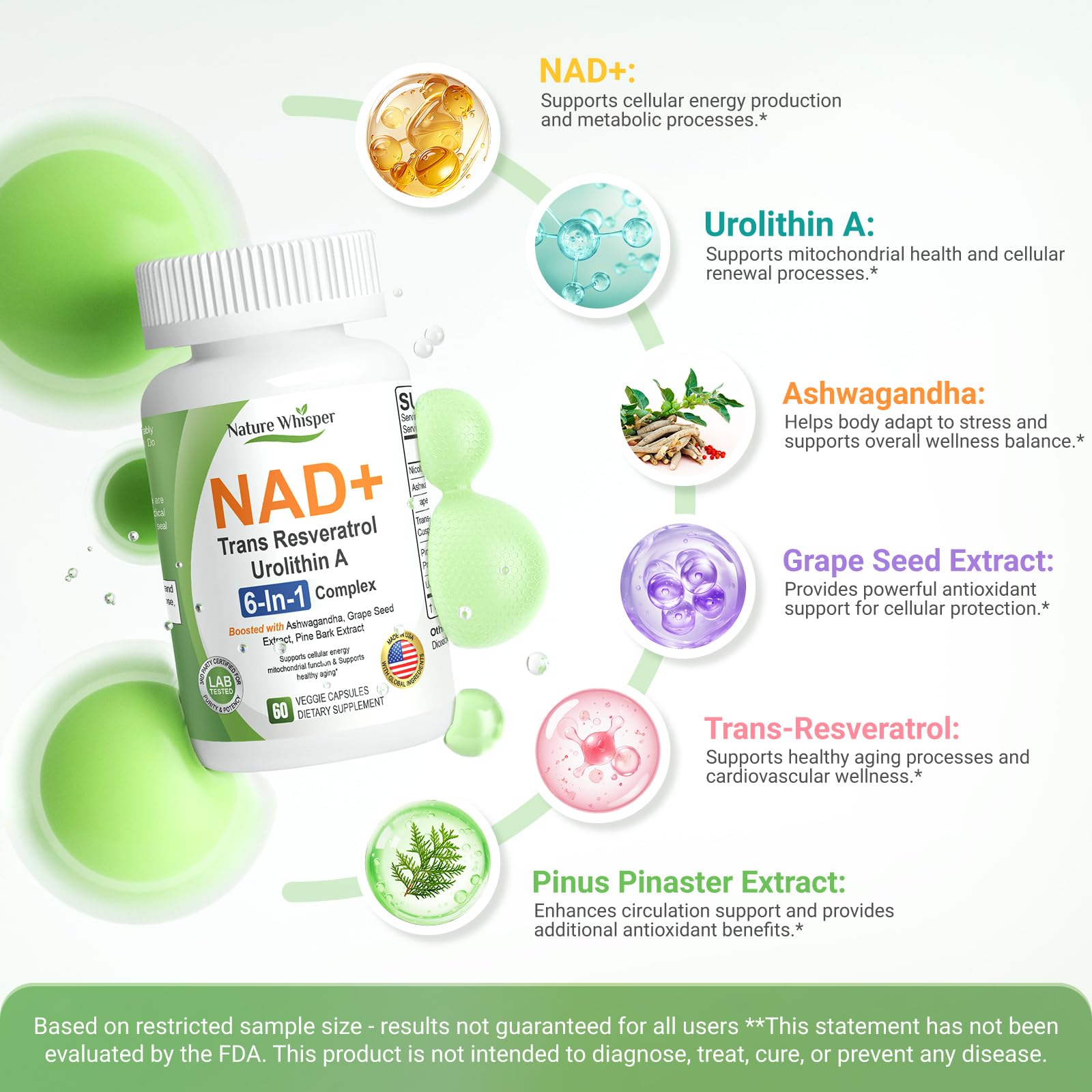 Nature Whisper NAD+ third-party testing seal indicating purity and quality controls