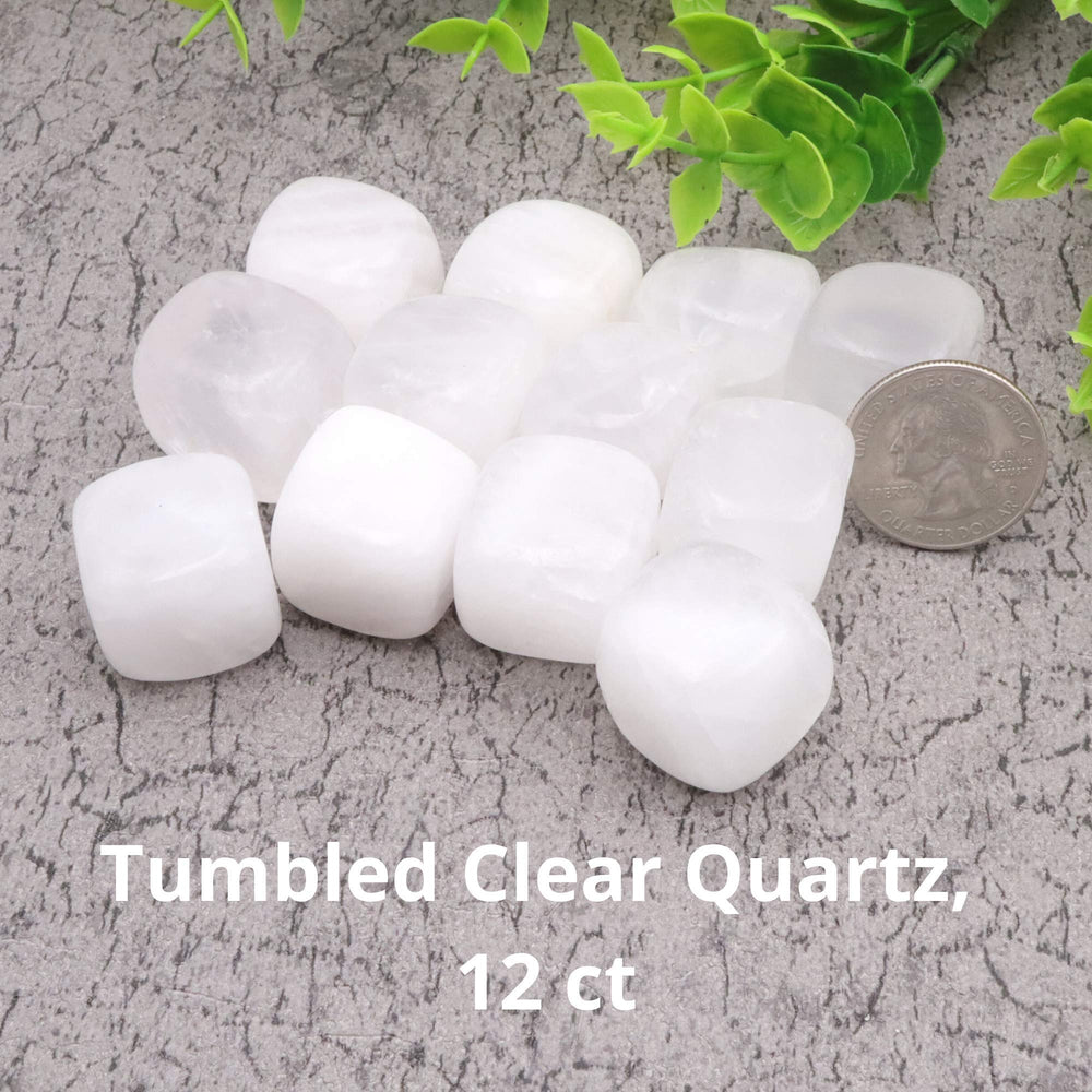 Nature Wonders clear quartz tumbled stones close-up with beeswax finish for decor and energy cleansing.