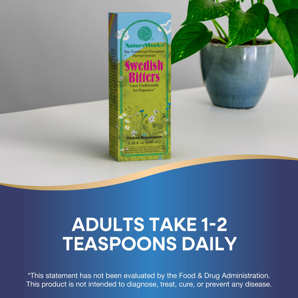 Measuring spoon with Nature Works Swedish Bitters indicates daily digestion dosage.