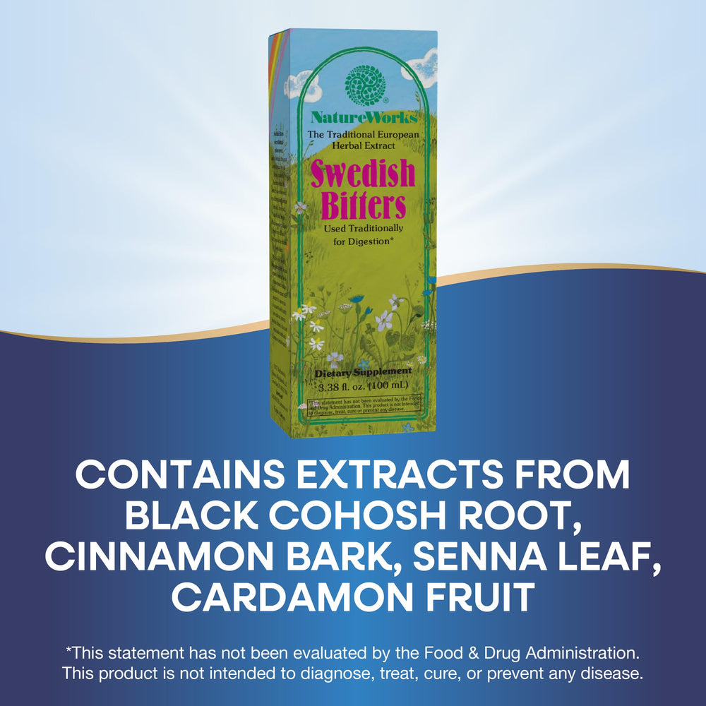Close-up of Nature Works Swedish Bitters label highlighting digestion-support herb blend.