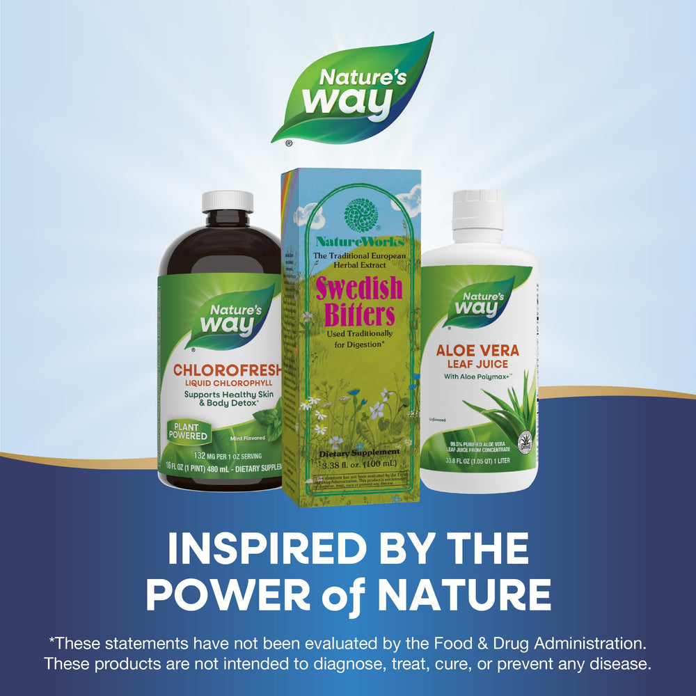 Packaging front of Nature Works Swedish Bitters highlighting convenient daily use.