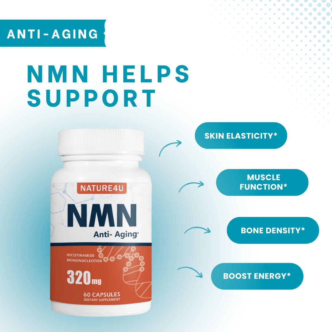 Nature4U NMN bottle label highlighting NMN 320 mg and purity