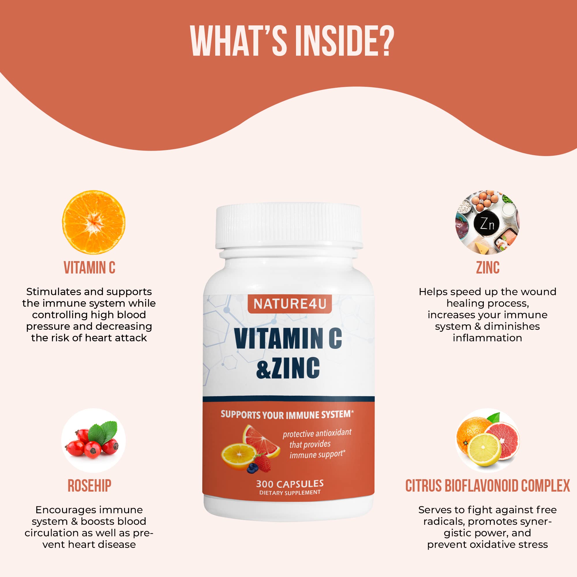 Nature4U Vitamin C label close-up highlights citrus bioflavonoids and organic ingredients.
