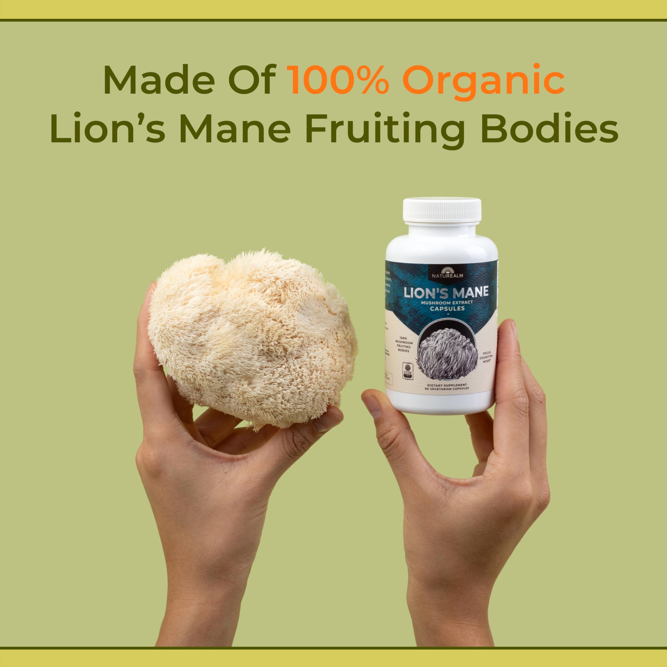 Naturealm Lion’s Mane capsules close-up illustrates 30-day supply for routine use