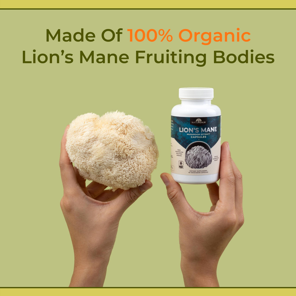 Naturealm Lion’s Mane capsules close-up illustrates 30-day supply for routine use
