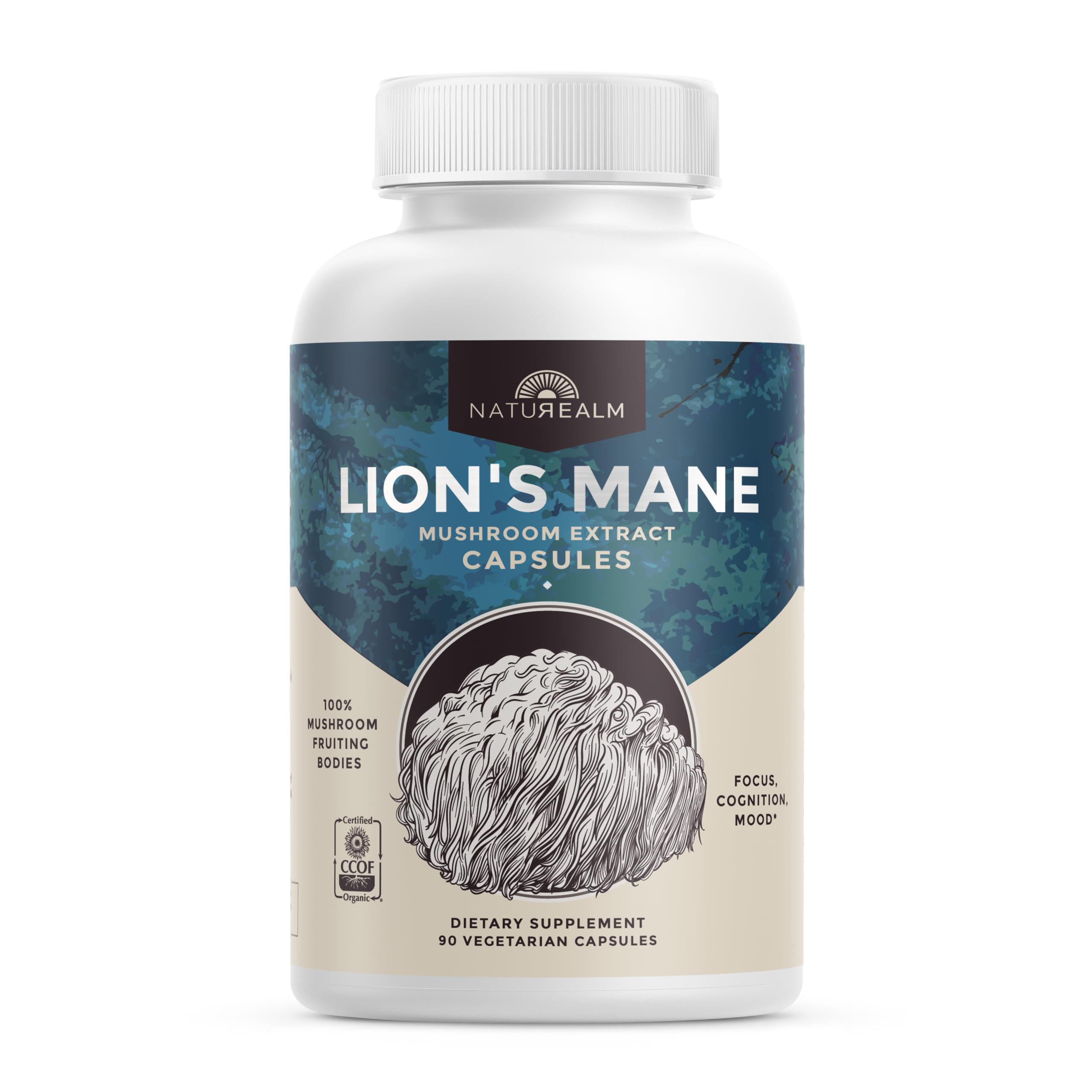 Naturealm Lion’s Mane capsules bottle front highlighting brain support potential