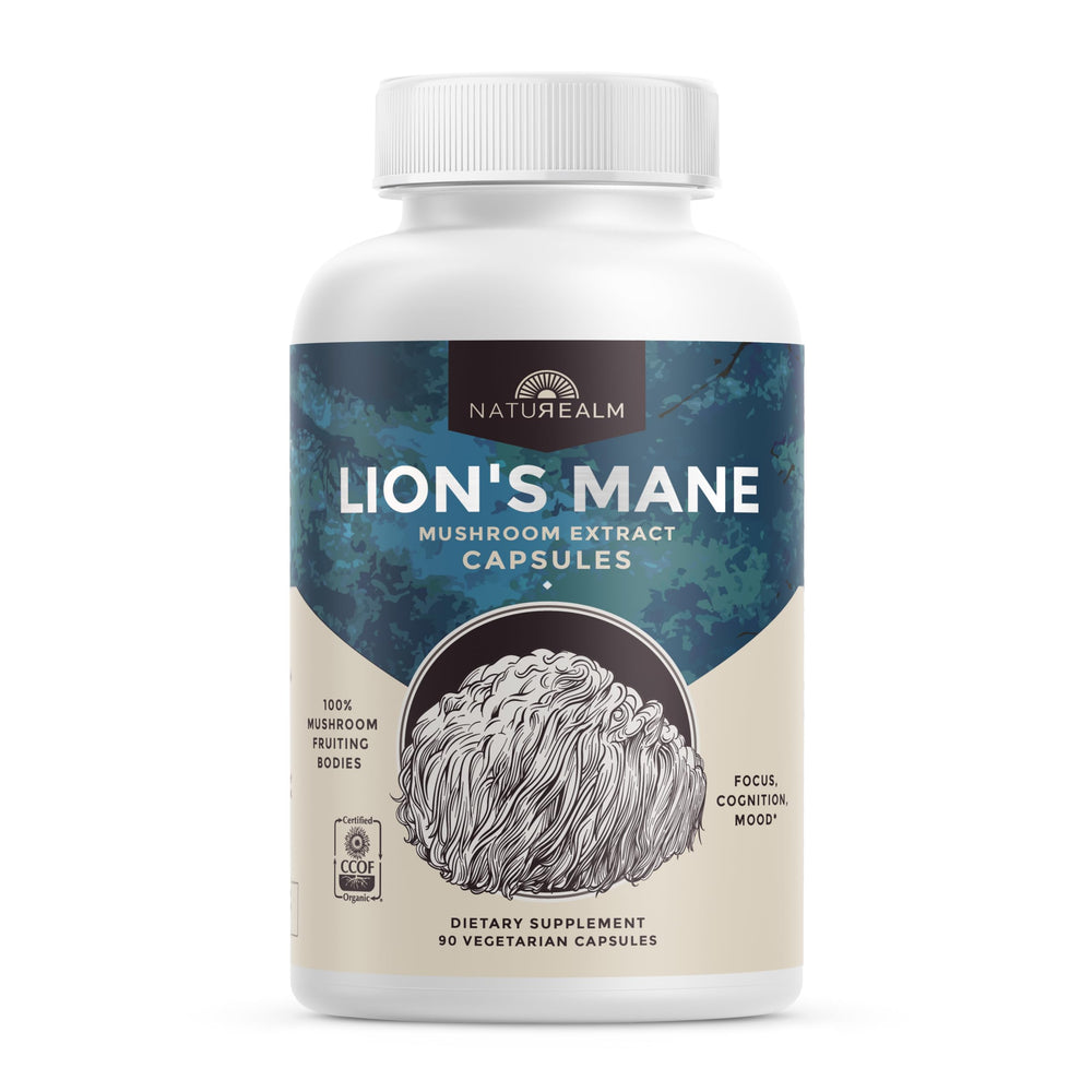 Naturealm Lion’s Mane capsules bottle front highlighting brain support potential