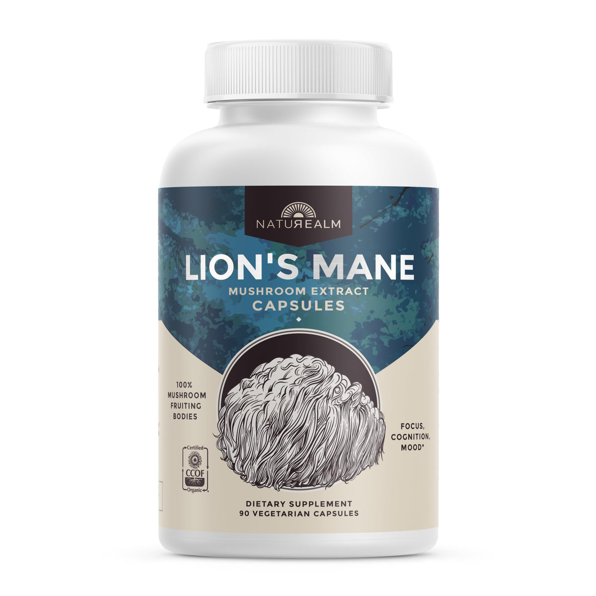 Naturealm Lion’s Mane capsules bottle front highlighting brain support potential