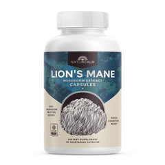Naturealm Lion’s Mane capsules bottle front highlighting brain support potential