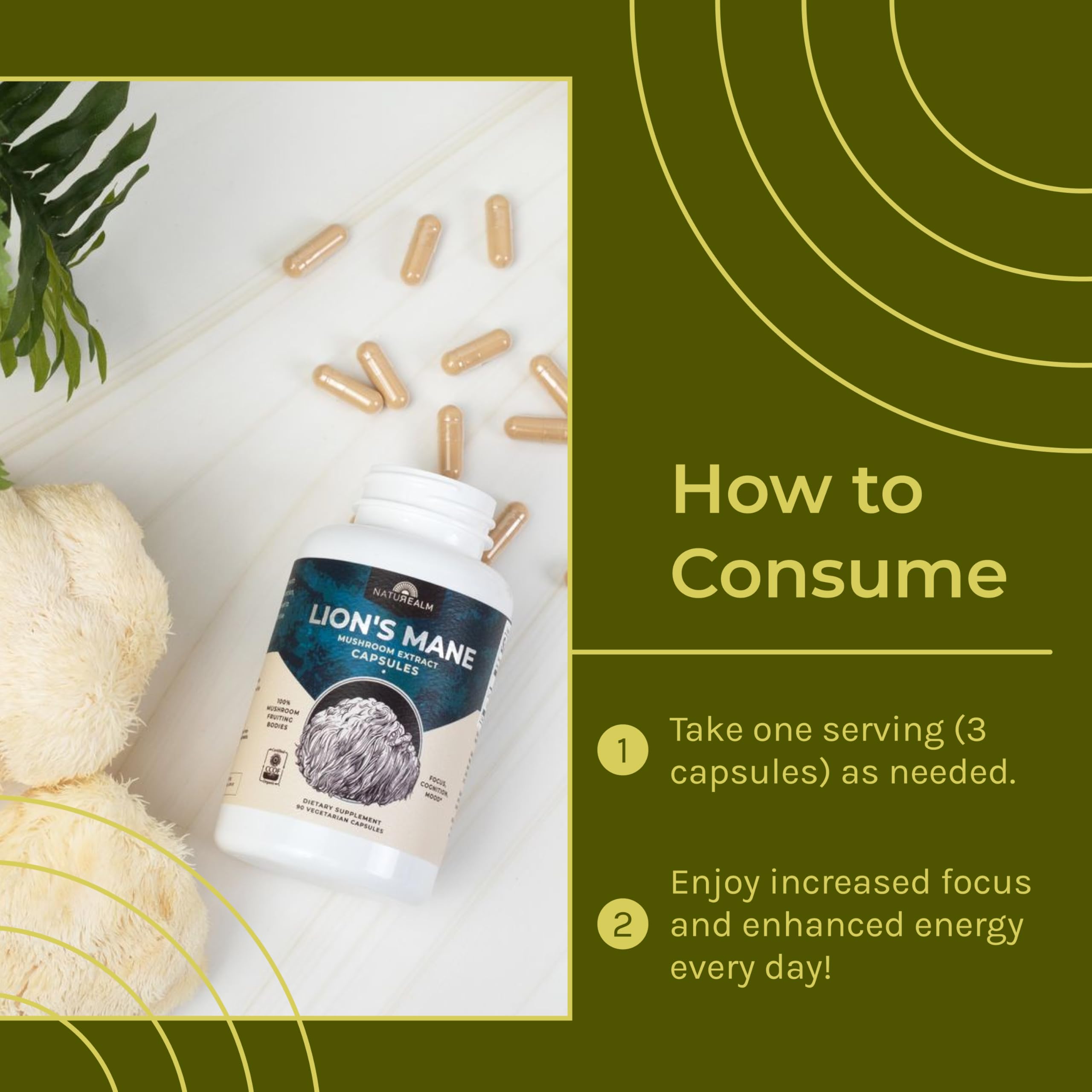 Naturealm Lion’s Mane capsules packaging shows eco-friendly design and premium quality