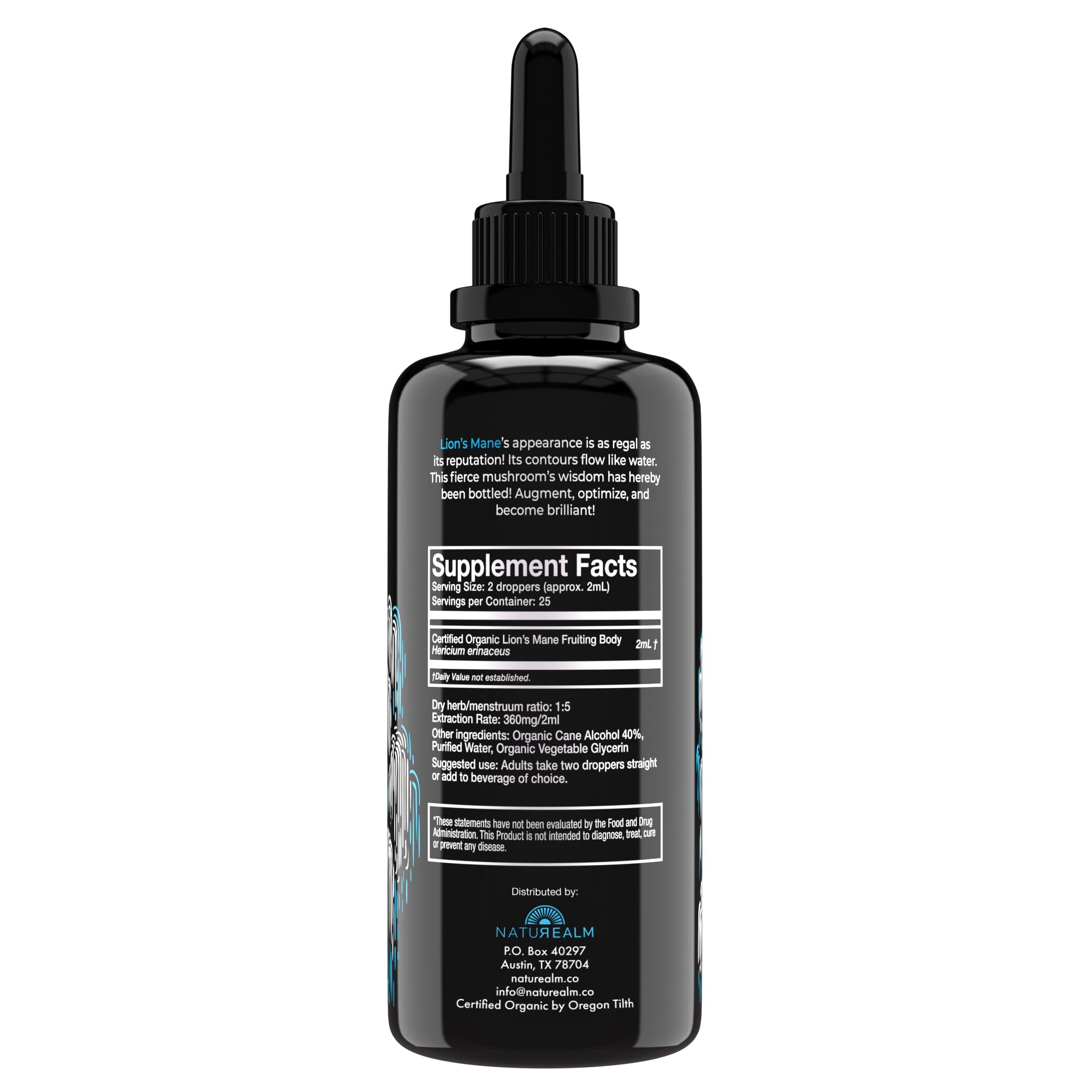 Naturealm Lion's Mane dropper pouring for easy daily use.