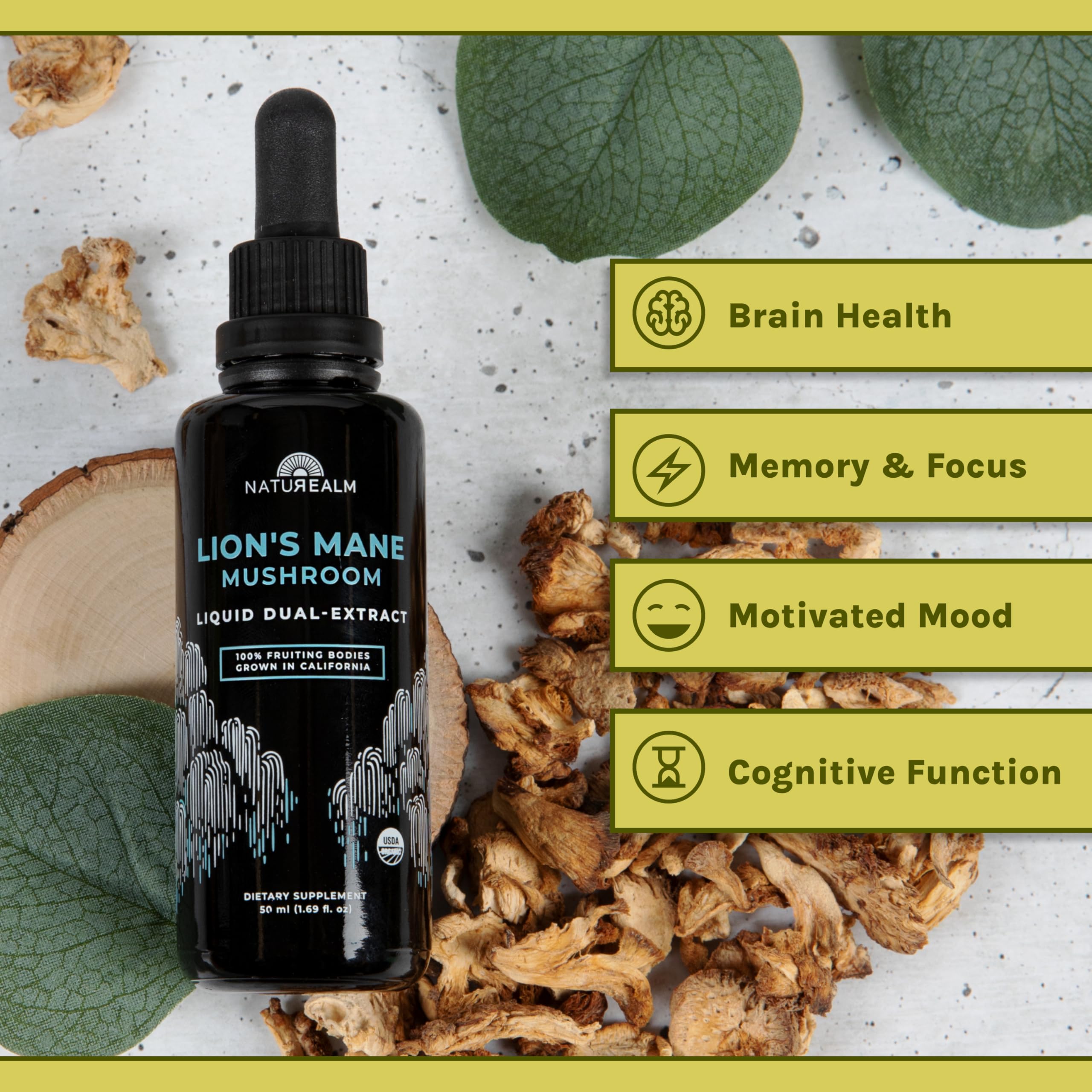 Naturealm organic fruiting bodies close-up showing pure ingredients.