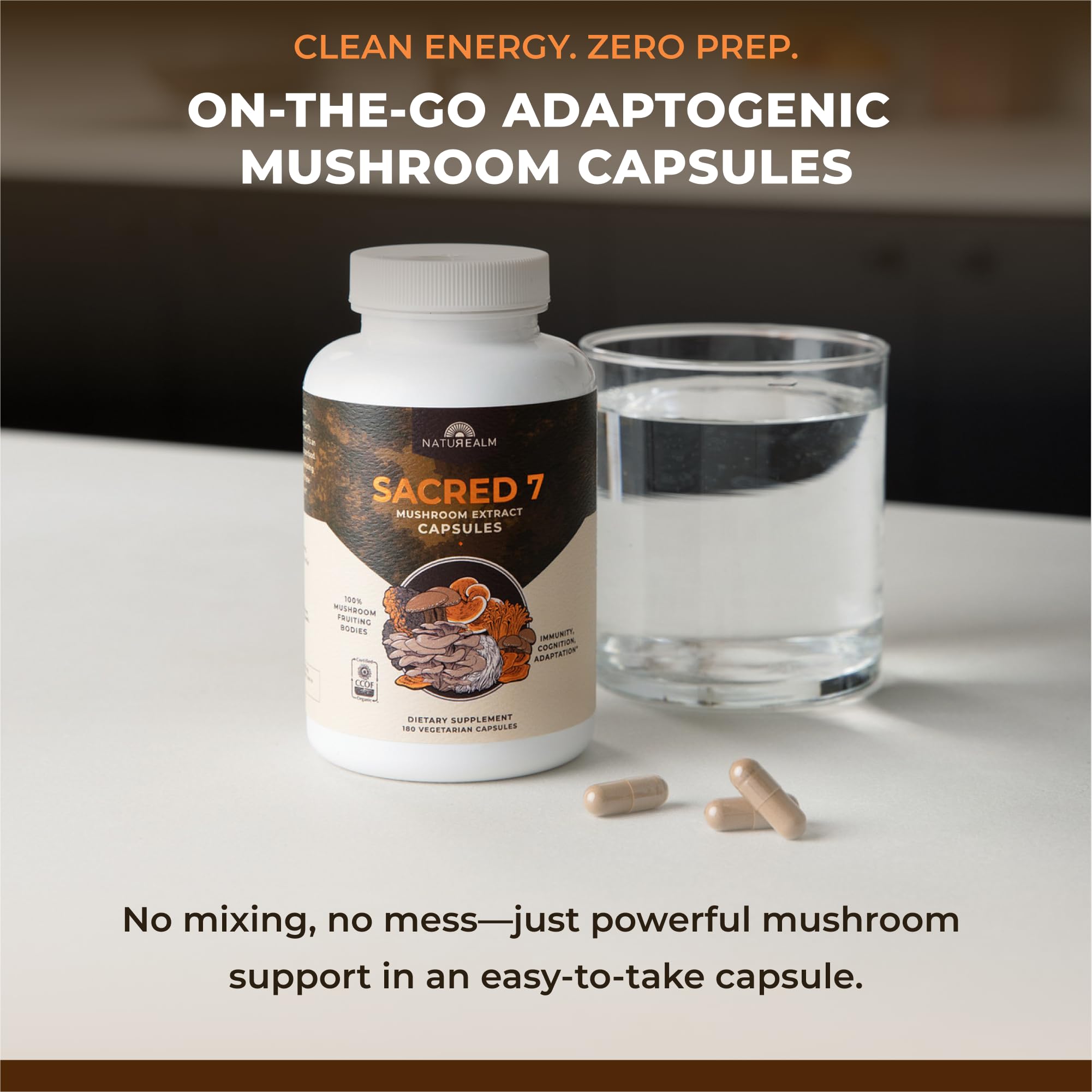 Close-up of Naturealm Sacred 7 capsules highlighting pure fruiting bodies.