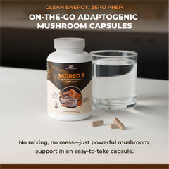 Close-up of Naturealm Sacred 7 capsules highlighting pure fruiting bodies.