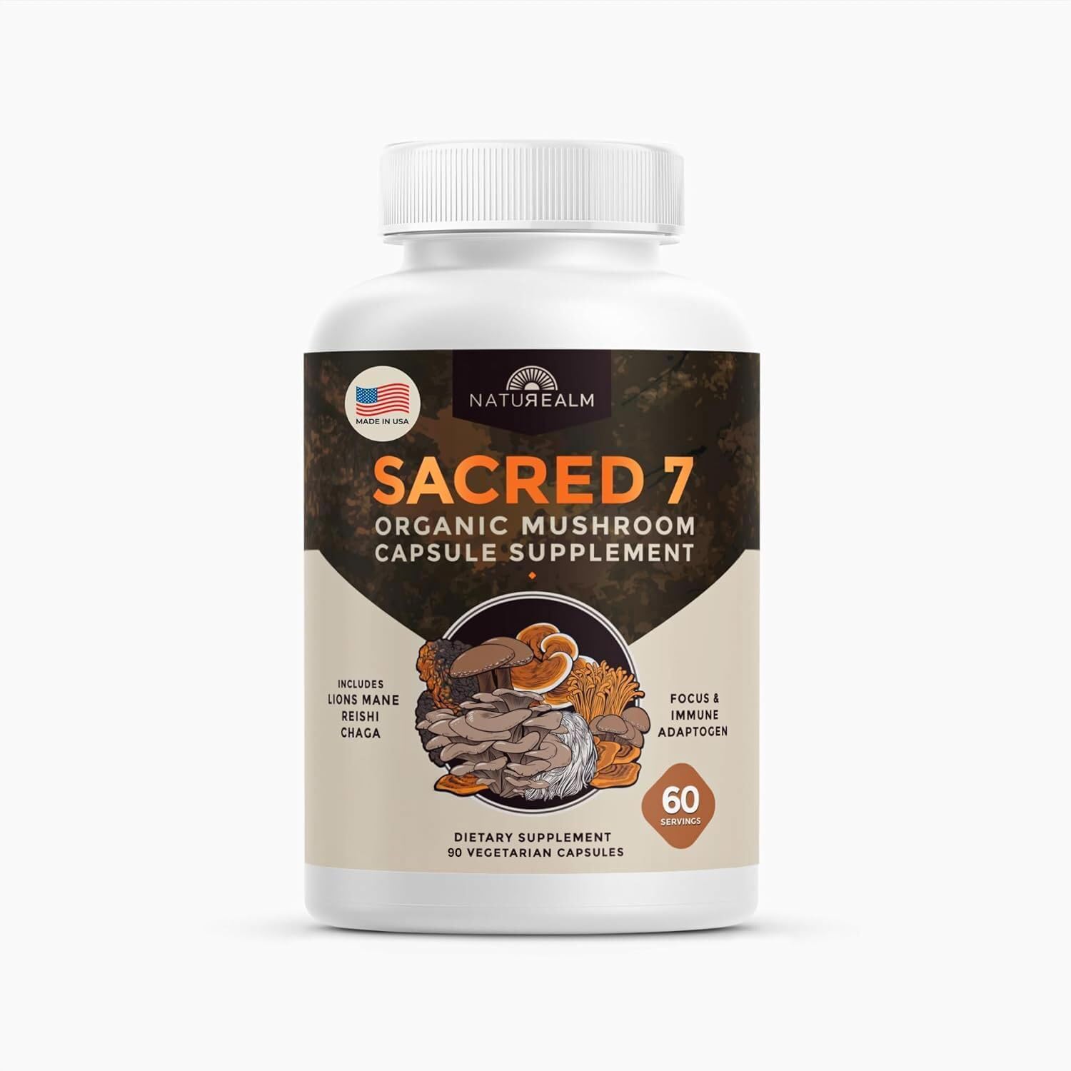 Naturealm Sacred 7 capsules show the organic mushroom blend for daily wellness.
