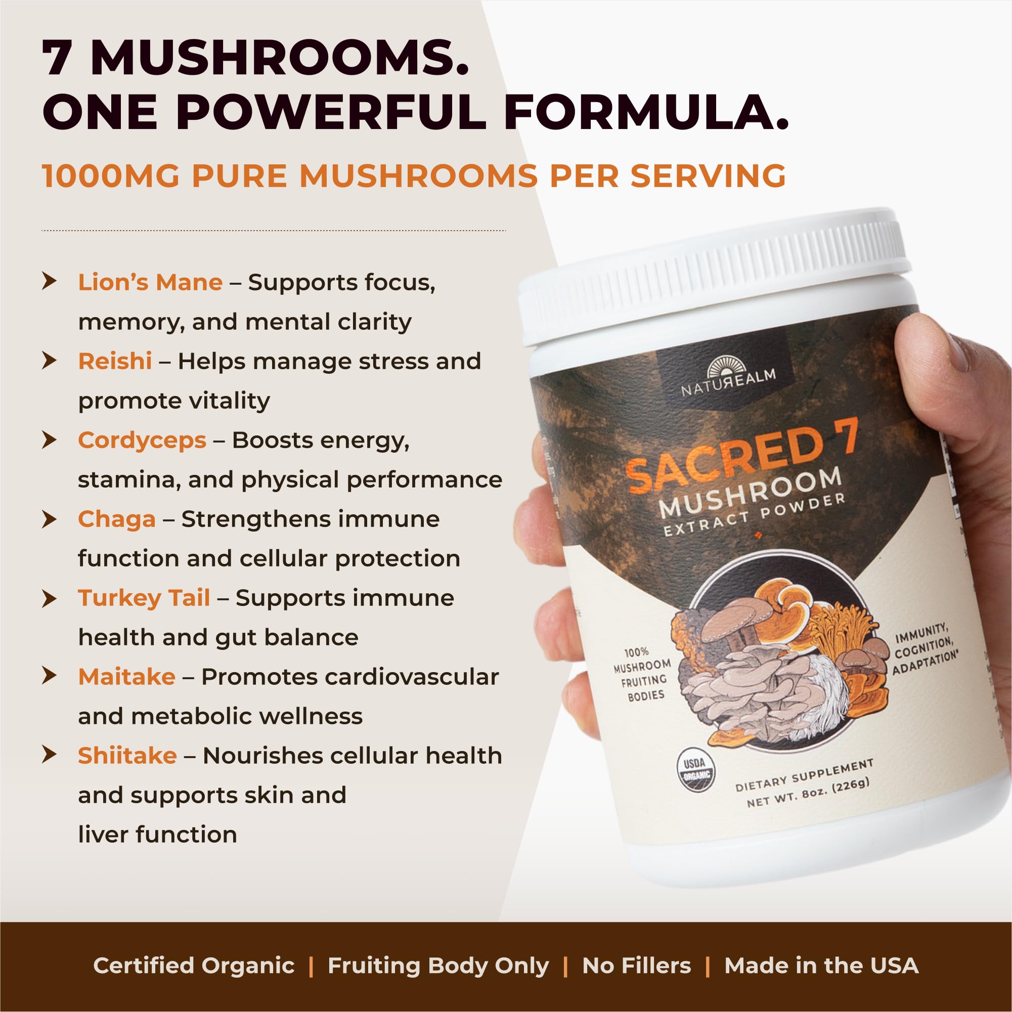 Close up of Naturealm Sacred 7 organic fruiting bodies label