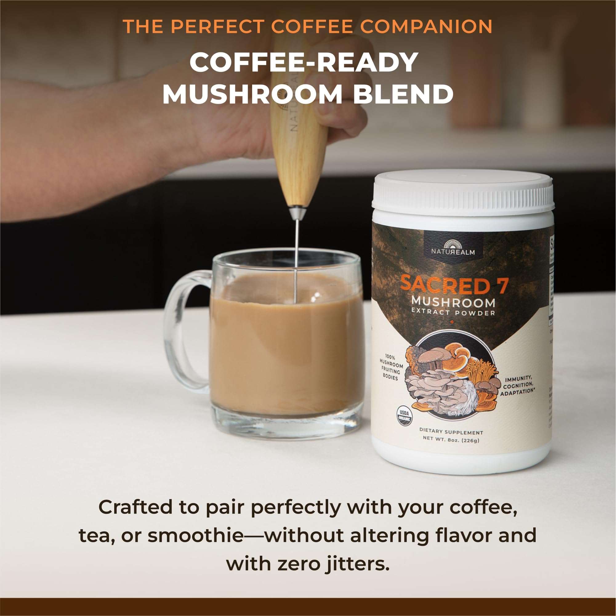 Naturealm Sacred 7 mushroom powder coffee-mix for smooth energy without jitters.