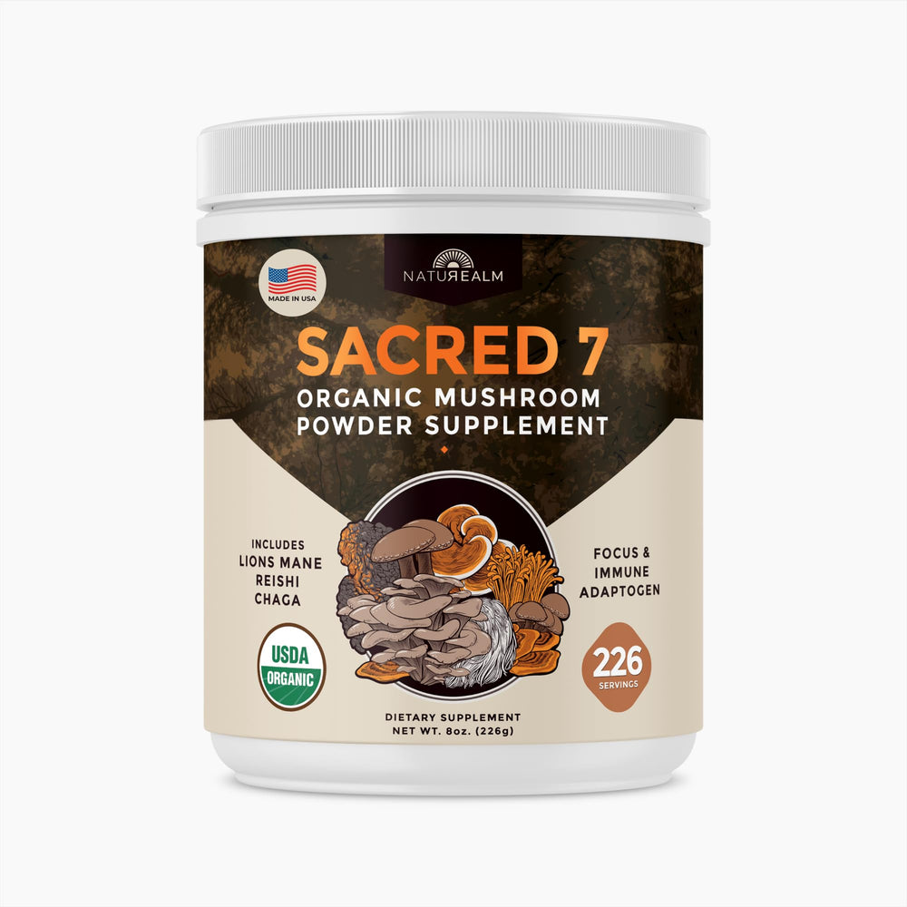 Naturealm Sacred 7 mushroom powder stirred into coffee for energy