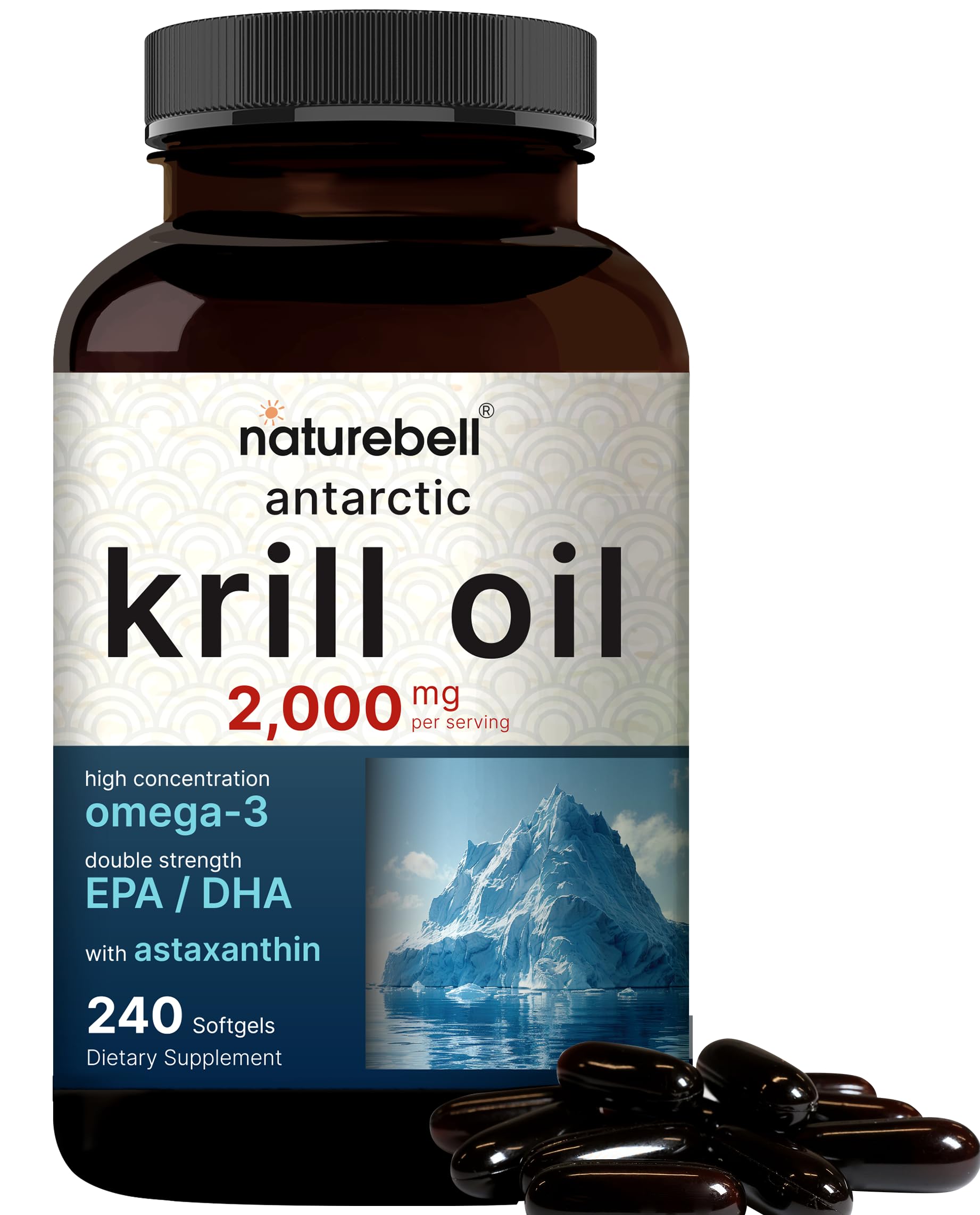 NatureBell Antarctic Krill Oil bottle image shows convenient daily omega-3 support.