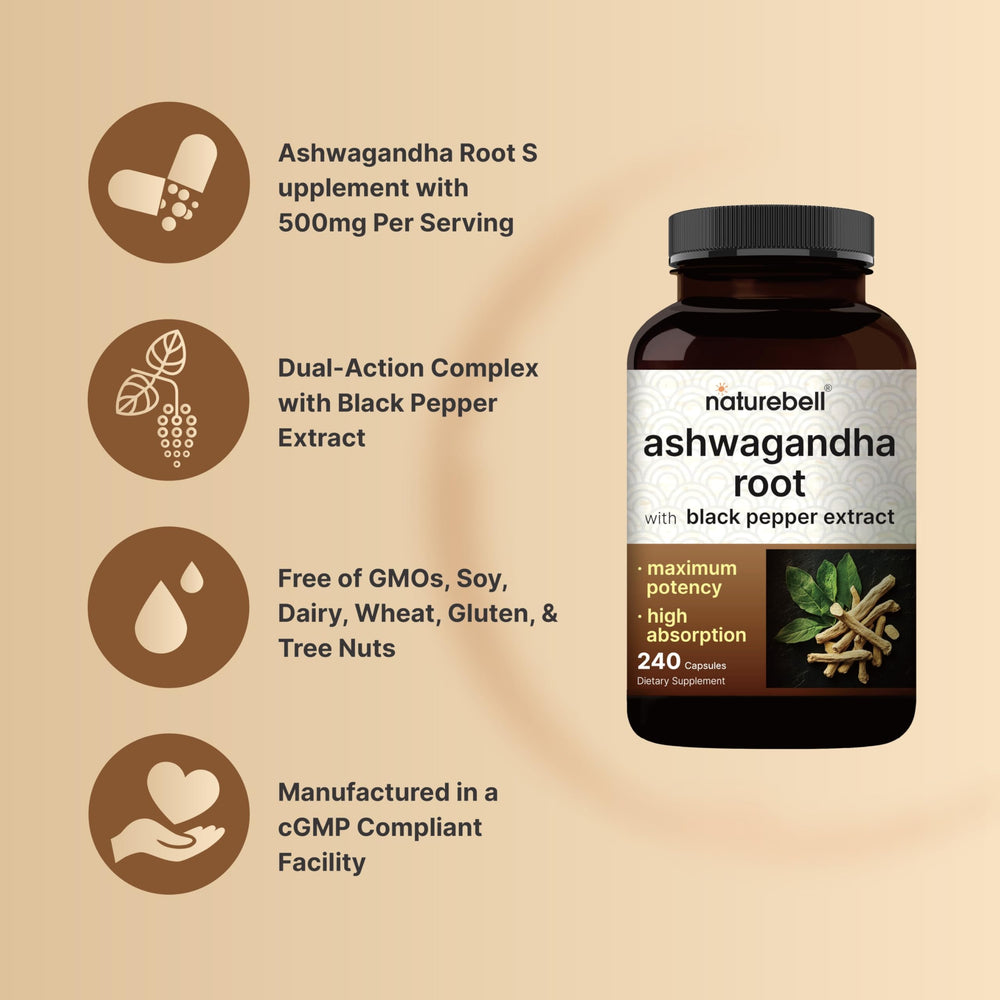 NatureBell Ashwagandha root extract bottle showcases potent plant blend.