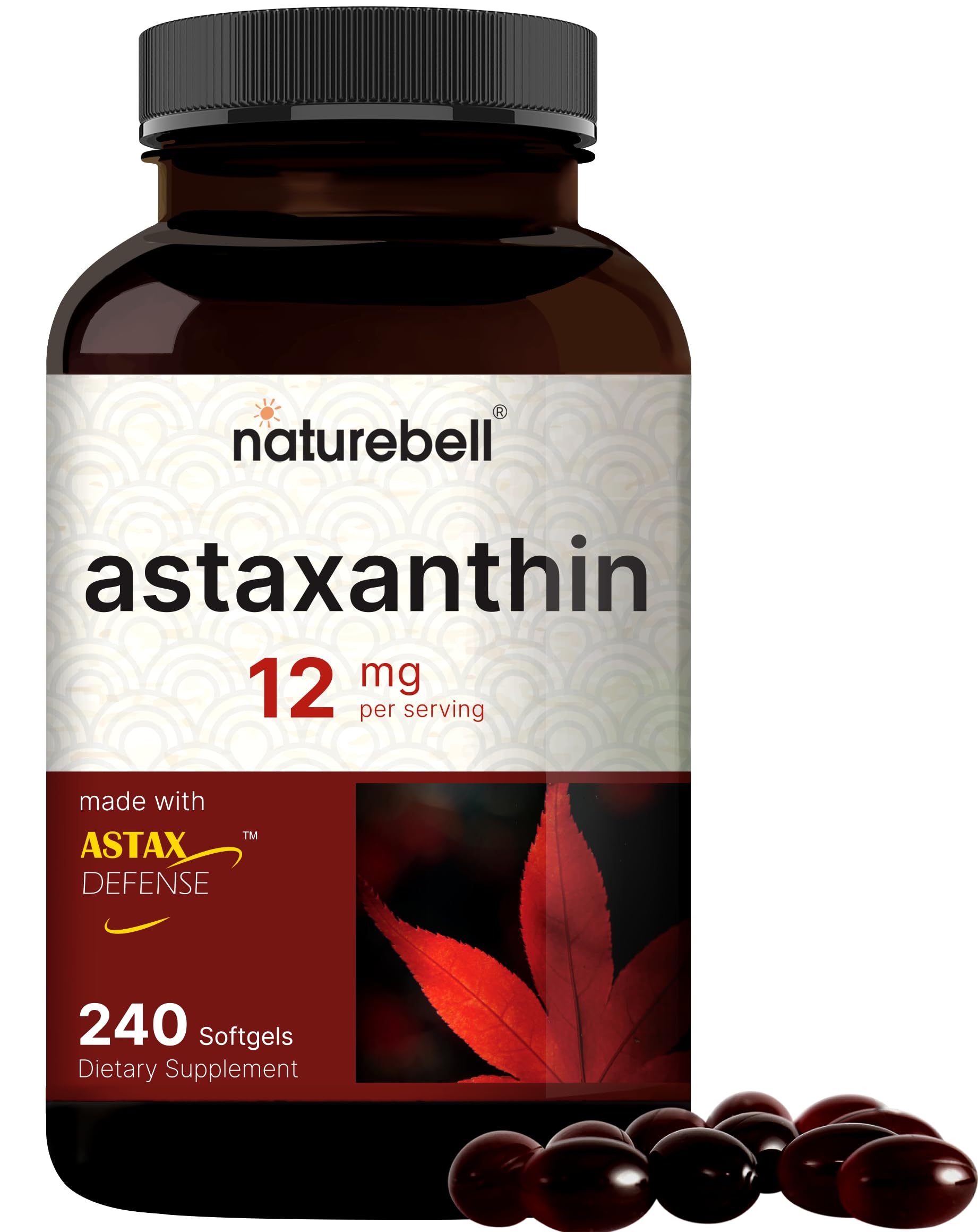 NatureBell Astaxanthin 12mg bottle front showing antioxidant support