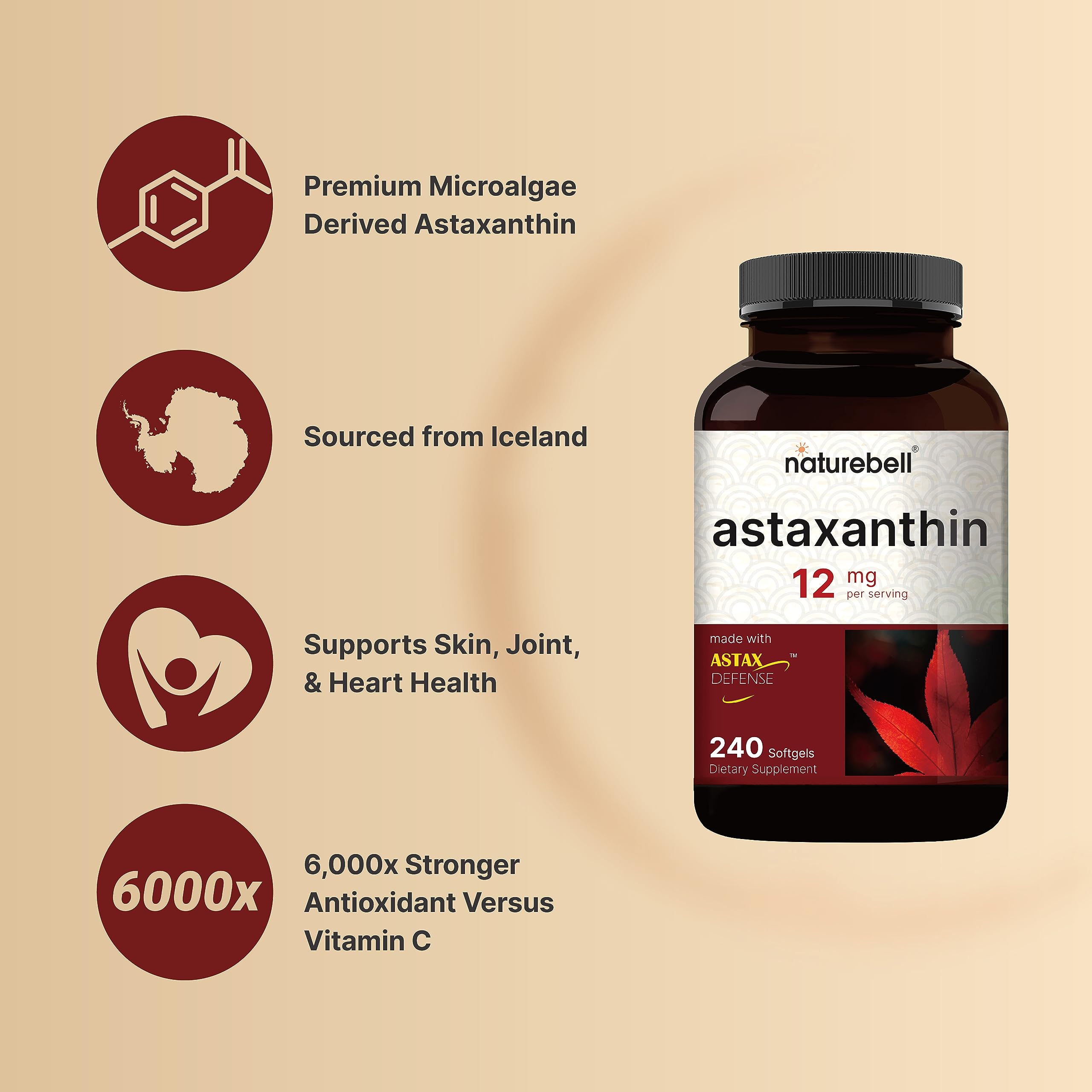 NatureBell Astaxanthin 12mg bottle pour for easy daily use