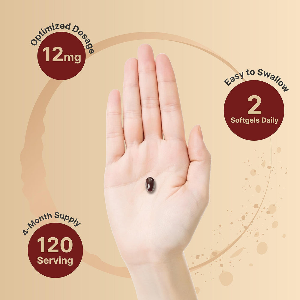 NatureBell Astaxanthin 12mg softgels close-up showing easy-to-swallow design