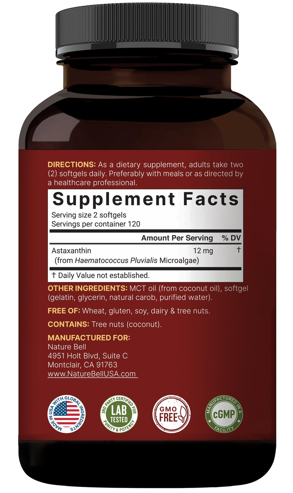 NatureBell Astaxanthin 12mg third-party testing seal for safety and potency
