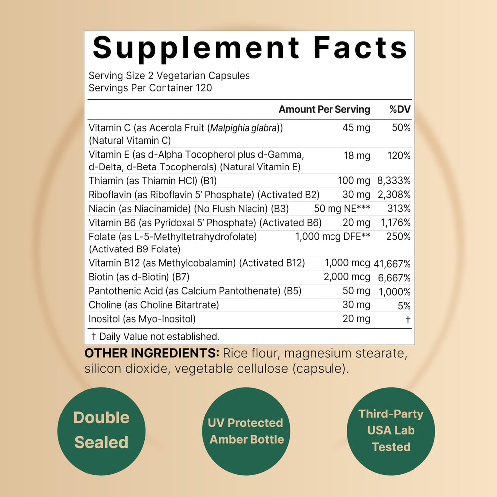 NatureBell B Complex bottle highlights methylated vitamins for energy support.