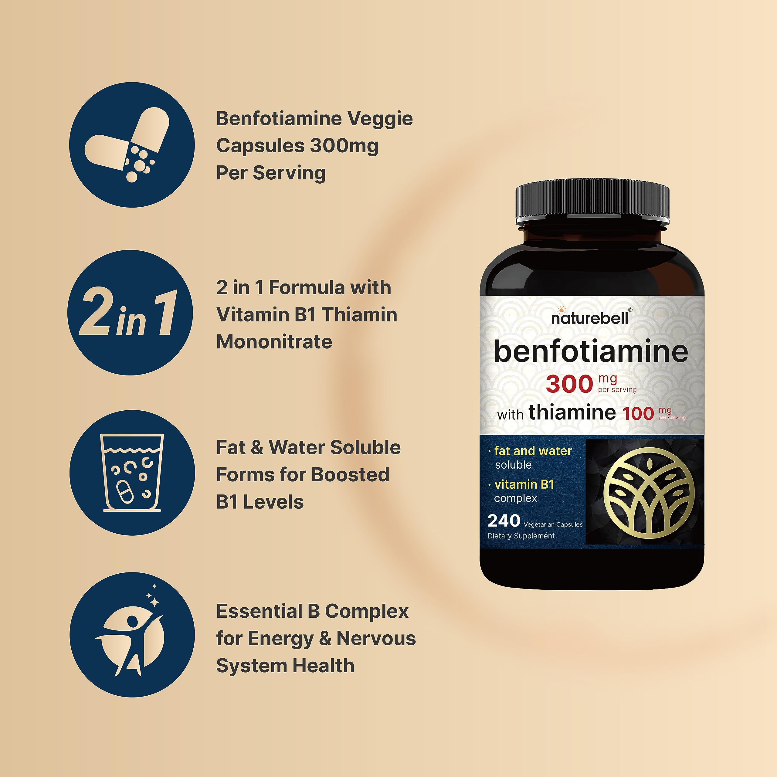 NatureBell Benfotiamine bottle label details highlight 300 mg per serving.