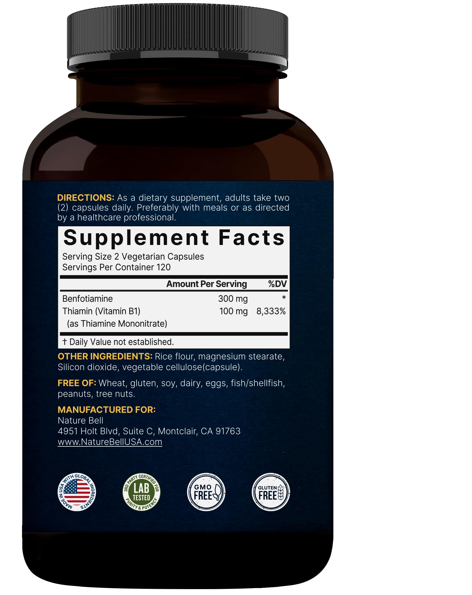 NatureBell Benfotiamine bottle with glass of water demonstrates convenient daily intake.