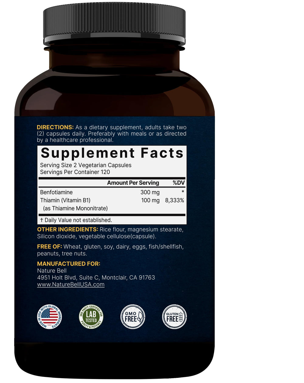 NatureBell Benfotiamine bottle with glass of water demonstrates convenient daily intake.